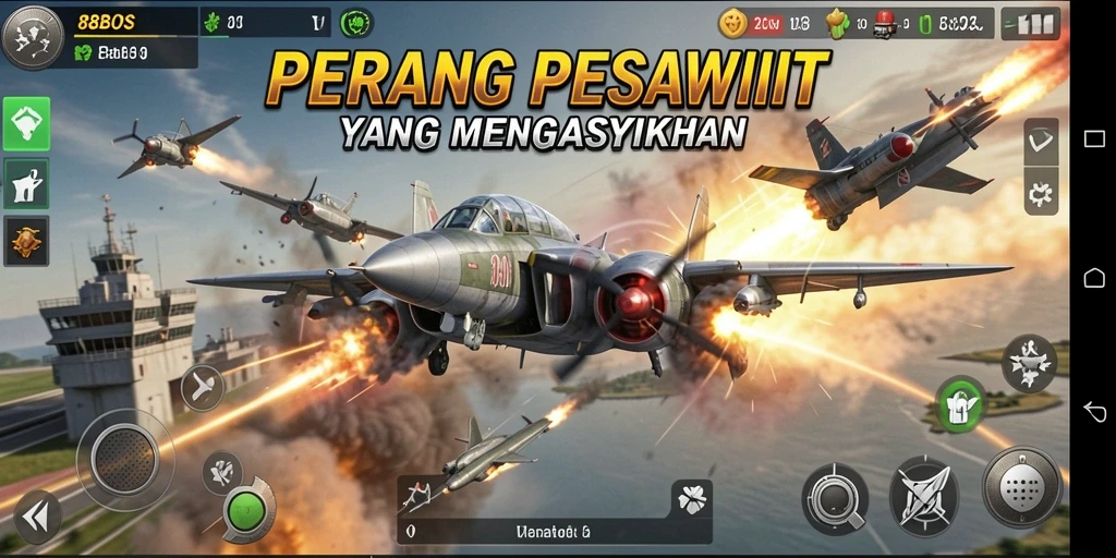 Screenshot game 88BOS menunjukkan aksi tempur pesawat yang mendebarkan.